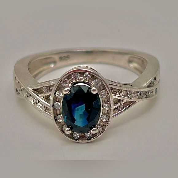 HIGH END SZ7 Estate genuine Montana teal sapphire & Diamond halo 925 ring GORG! - Picture 1 of 15